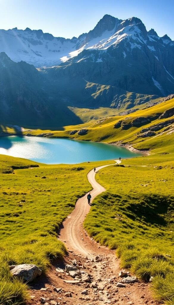 A breathtaking alpine landscape, with the crystal-clear waters of the Pizol Five Lakes glimmering in the foreground, surrounded by rugged, snow-capped peaks that rise majestically into the distance. The scene is bathed in warm, golden light, casting long shadows across the lush, verdant meadows that line the trail. In the middle ground, a winding path leads hikers through the serene alpine environment, inviting the viewer to embark on this stunning, 5-lake journey through the heart of Switzerland's Eastern Alps. The overall atmosphere is one of tranquility and awe-inspiring natural beauty, perfectly capturing the essence of this iconic Swiss hiking destination. A breathtaking alpine landscape, with the crystal-clear waters of the Pizol Five Lakes glimmering in the foreground, surrounded by rugged, snow-capped peaks that rise majestically into the distance. The scene is bathed in warm, golden light, casting long shadows across the lush, verdant meadows that line the trail. In the middle ground, a winding path leads hikers through the serene alpine environment, inviting the viewer to embark on this stunning, 5-lake journey through the heart of Switzerland's Eastern Alps. The overall atmosphere is one of tranquility and awe-inspiring natural beauty, perfectly capturing the essence of this iconic Swiss hiking destination.