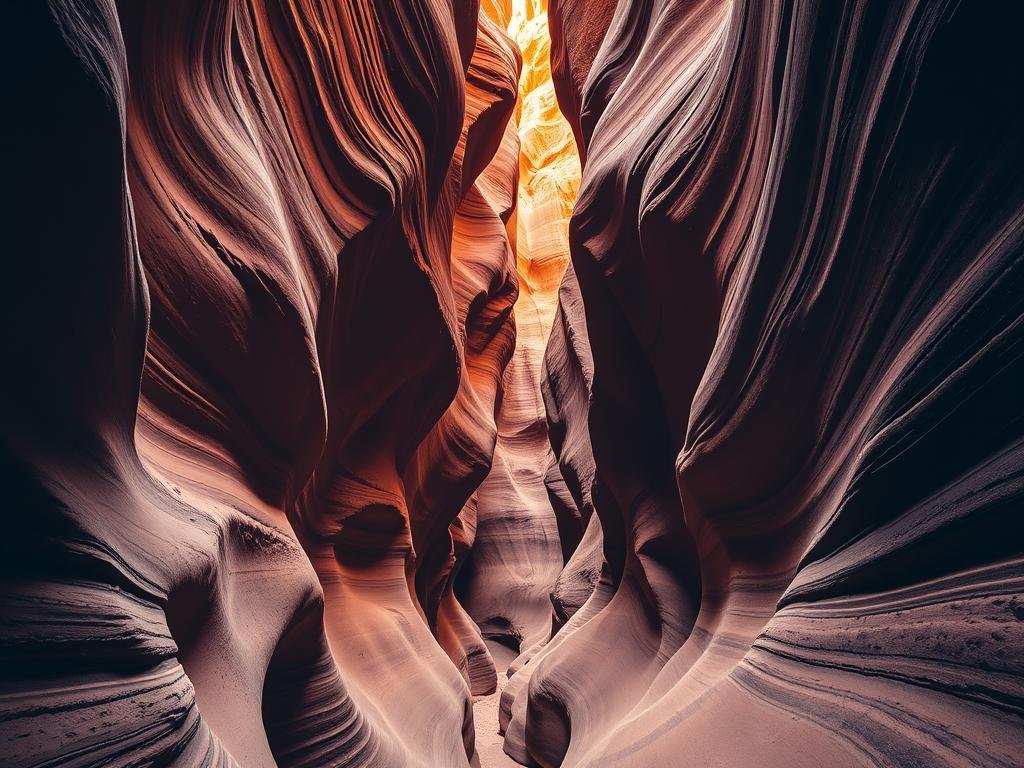 A breathtaking landscape of Peek-a-Boo Gulch and Spooky Gulch slot canyons in Utah. Towering sandstone walls in shades of red, orange, and golden hues, sculpted by wind and water over millennia. Narrow, winding passages lead the viewer through a tight, almost claustrophobic space, casting dramatic shadows and creating a sense of exploration and adventure. Soft, diffused lighting illuminates the intricate textures and patterns of the rock formations, conveying a serene and mysterious atmosphere. The canyons appear to stretch endlessly, inviting the viewer to follow their winding path and discover the hidden wonders within. A breathtaking landscape of Peek-a-Boo Gulch and Spooky Gulch slot canyons in Utah. Towering sandstone walls in shades of red, orange, and golden hues, sculpted by wind and water over millennia. Narrow, winding passages lead the viewer through a tight, almost claustrophobic space, casting dramatic shadows and creating a sense of exploration and adventure. Soft, diffused lighting illuminates the intricate textures and patterns of the rock formations, conveying a serene and mysterious atmosphere. The canyons appear to stretch endlessly, inviting the viewer to follow their winding path and discover the hidden wonders within.