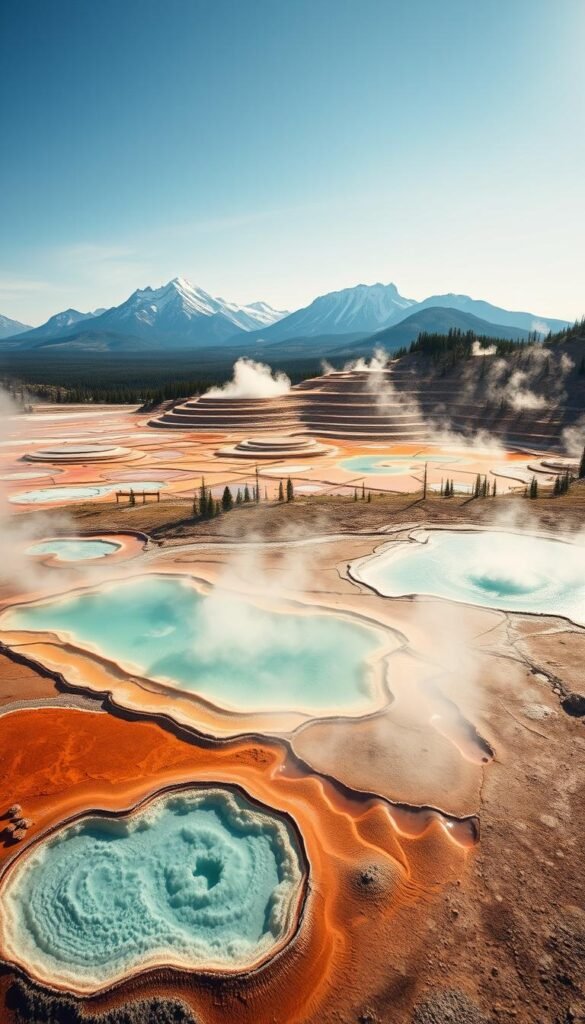 A breathtaking landscape of Yellowstone National Park's iconic hot springs, captured in vivid detail. Steaming pools of vibrant turquoise and azure waters, surrounded by a rugged, otherworldly terrain. The foreground features a cluster of gently bubbling springs, their surfaces shimmering with mineral deposits. The middle ground showcases a series of tiered, terraced pools, their colors ranging from deep indigo to vibrant yellow and orange. In the background, towering mountains rise, their snow-capped peaks casting dramatic shadows over the scene. Soft, diffused lighting creates a serene, ethereal atmosphere, accentuating the natural beauty of this geological wonder. Captured from a low, wide-angle perspective to convey the grandeur and scale of this majestic natural attraction. A breathtaking landscape of Yellowstone National Park's iconic hot springs, captured in vivid detail. Steaming pools of vibrant turquoise and azure waters, surrounded by a rugged, otherworldly terrain. The foreground features a cluster of gently bubbling springs, their surfaces shimmering with mineral deposits. The middle ground showcases a series of tiered, terraced pools, their colors ranging from deep indigo to vibrant yellow and orange. In the background, towering mountains rise, their snow-capped peaks casting dramatic shadows over the scene. Soft, diffused lighting creates a serene, ethereal atmosphere, accentuating the natural beauty of this geological wonder. Captured from a low, wide-angle perspective to convey the grandeur and scale of this majestic natural attraction.