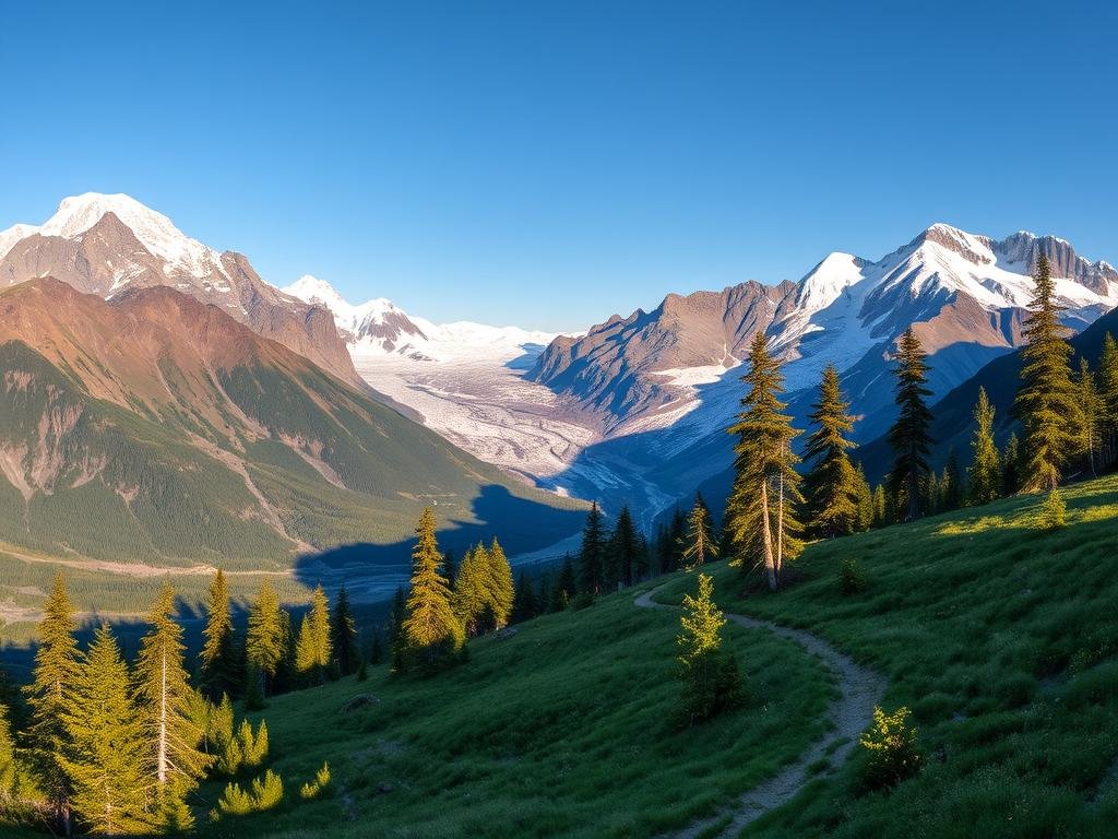 A breathtaking panorama of Alaska's stunning Denali and Chugach mountain ranges, their rugged peaks piercing the crisp, azure sky. Lush, verdant hiking trails wind through the foreground, inviting adventurers to explore the untamed wilderness. Towering glaciers glisten in the distance, their icy facades reflecting the warm glow of the sun. Birch and spruce trees dot the landscape, casting long, dramatic shadows across the trail. The scene exudes a sense of tranquility and awe, capturing the essence of Alaska's unparalleled natural beauty and the thrill of outdoor exploration. A breathtaking panorama of Alaska's stunning Denali and Chugach mountain ranges, their rugged peaks piercing the crisp, azure sky. Lush, verdant hiking trails wind through the foreground, inviting adventurers to explore the untamed wilderness. Towering glaciers glisten in the distance, their icy facades reflecting the warm glow of the sun. Birch and spruce trees dot the landscape, casting long, dramatic shadows across the trail. The scene exudes a sense of tranquility and awe, capturing the essence of Alaska's unparalleled natural beauty and the thrill of outdoor exploration.