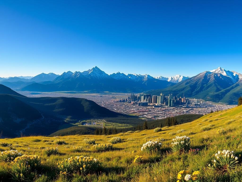 A breathtaking panorama of the majestic Rocky Mountains, towering over the vibrant city of Denver. In the foreground, verdant alpine meadows dotted with wildflowers sway in the gentle breeze. The middle ground reveals rugged, snow-capped peaks silhouetted against a brilliant azure sky, their jagged ridges casting dramatic shadows. In the distance, the iconic skyline of Denver emerges, its modern skyscrapers gleaming under the warm, golden light of the setting sun. The scene exudes a sense of serene tranquility, inviting the viewer to explore the natural wonders that make Denver a true hiker's paradise. A breathtaking panorama of the majestic Rocky Mountains, towering over the vibrant city of Denver. In the foreground, verdant alpine meadows dotted with wildflowers sway in the gentle breeze. The middle ground reveals rugged, snow-capped peaks silhouetted against a brilliant azure sky, their jagged ridges casting dramatic shadows. In the distance, the iconic skyline of Denver emerges, its modern skyscrapers gleaming under the warm, golden light of the setting sun. The scene exudes a sense of serene tranquility, inviting the viewer to explore the natural wonders that make Denver a true hiker's paradise.