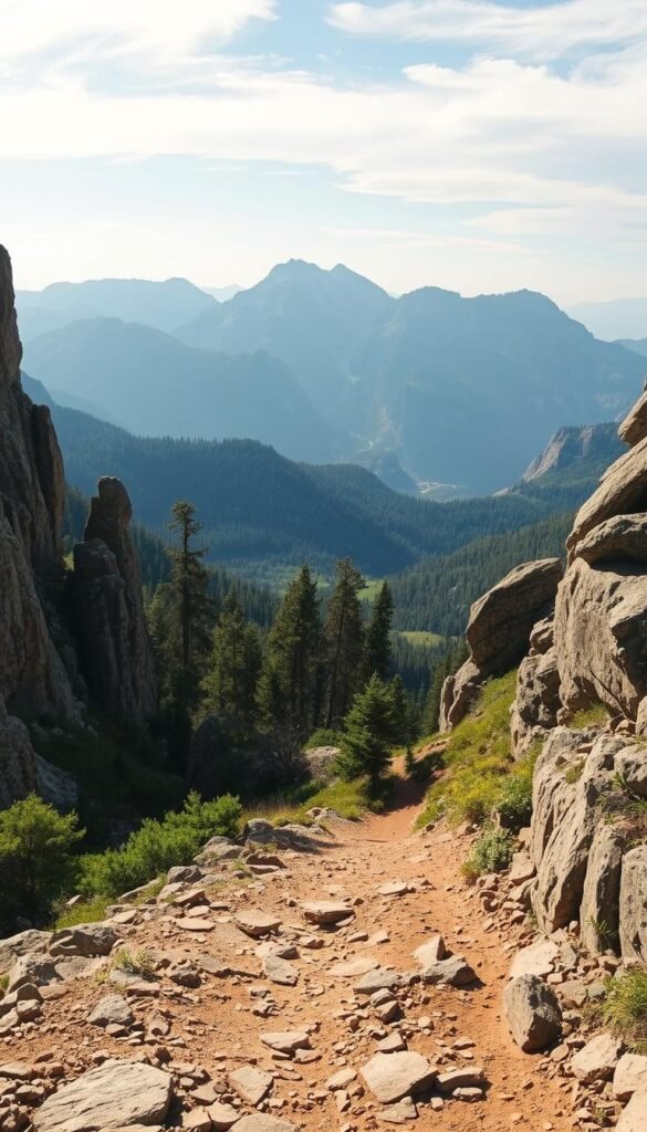 A breathtaking vista of Goat Rock Trail, nestled among the verdant hills and towering peaks of the Hot Springs region. In the foreground, a rugged, winding path leads the way, its rocky surface textured and weathered by the elements. Towering cliffs and boulders flank the trail, casting dramatic shadows that play across the scene. In the middle ground, lush, verdant foliage and towering evergreen trees create a serene, natural backdrop, their branches swaying gently in the breeze. The background is dominated by a stunning mountain range, its jagged peaks reaching towards the sky, bathed in the warm, golden light of the sun. The overall mood is one of tranquility and adventure, inviting the viewer to immerse themselves in the natural splendor of this remarkable hiking destination.