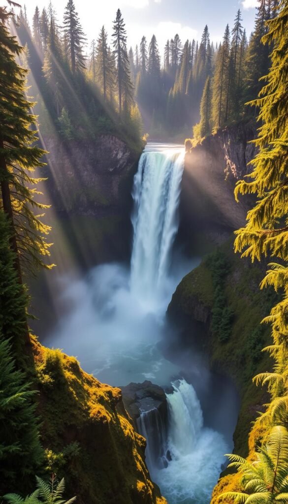 A breathtaking vista of Snoqualmie Falls, a majestic cascade plummeting 268 feet amid the lush, verdant forests of Washington's Cascade Range. The dramatic, horseshoe-shaped waterfall is framed by towering Douglas firs and Western red cedars, their mossy trunks and ferns lining the rocky cliffs. Sunlight filters through the mist, casting a ethereal glow on the thundering waters as they crash into the pool below. The scene evokes a sense of serene, untamed power - a testament to the raw, natural beauty of the Pacific Northwest. A breathtaking vista of Snoqualmie Falls, a majestic cascade plummeting 268 feet amid the lush, verdant forests of Washington's Cascade Range. The dramatic, horseshoe-shaped waterfall is framed by towering Douglas firs and Western red cedars, their mossy trunks and ferns lining the rocky cliffs. Sunlight filters through the mist, casting a ethereal glow on the thundering waters as they crash into the pool below. The scene evokes a sense of serene, untamed power - a testament to the raw, natural beauty of the Pacific Northwest.