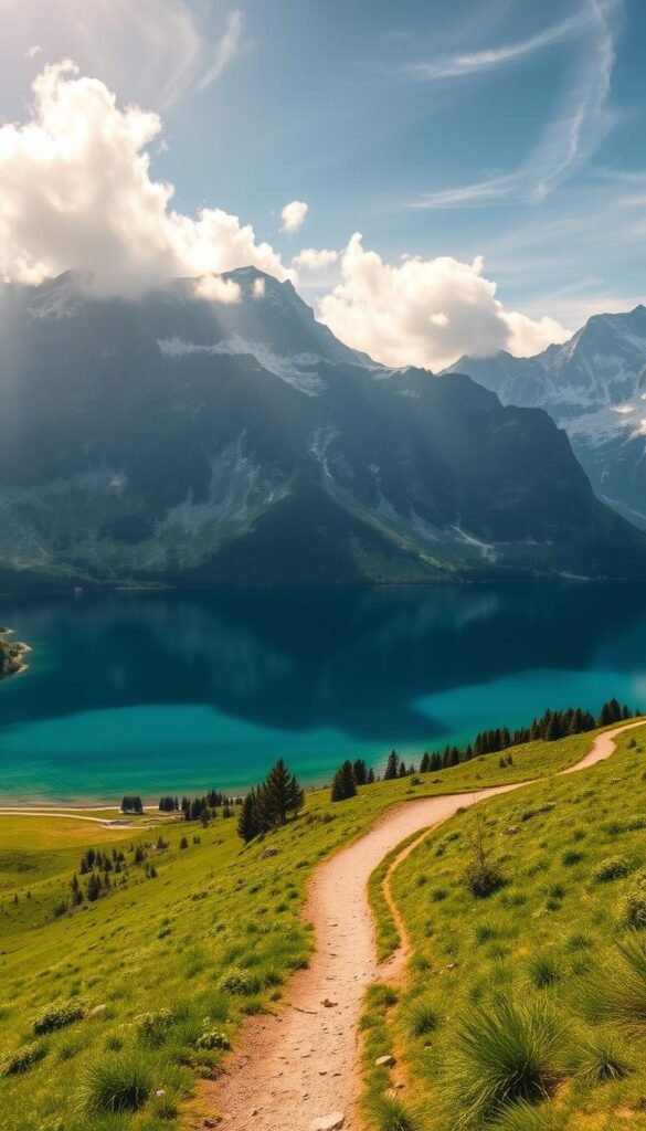 A breathtaking vista of the serene Bachalpsee lake nestled amidst the majestic Swiss Alps near Grindelwald. In the foreground, the crystal-clear waters of the lake reflect the surrounding snow-capped peaks and lush alpine meadows. A winding trail leads through the verdant landscape, inviting the viewer to embark on a picturesque hike. Warm, golden sunlight filters through wispy clouds, casting a dreamlike glow over the entire scene. The composition emphasizes the tranquility and natural beauty of this iconic Swiss landscape, perfectly capturing the essence of a postcard-worthy destination. A breathtaking vista of the serene Bachalpsee lake nestled amidst the majestic Swiss Alps near Grindelwald. In the foreground, the crystal-clear waters of the lake reflect the surrounding snow-capped peaks and lush alpine meadows. A winding trail leads through the verdant landscape, inviting the viewer to embark on a picturesque hike. Warm, golden sunlight filters through wispy clouds, casting a dreamlike glow over the entire scene. The composition emphasizes the tranquility and natural beauty of this iconic Swiss landscape, perfectly capturing the essence of a postcard-worthy destination.