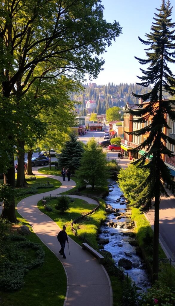 A bustling downtown scene with a winding trail system meandering through lush greenery. The trails are flanked by towering trees, casting dappled sunlight across the path. In the distance, clusters of charming historic buildings and shops line the streets, their facades reflecting the warm glow of the afternoon sun. The trail winds past a babbling creek, its calming waters reflecting the surrounding foliage. Hikers stroll leisurely, taking in the serene atmosphere and the breathtaking views of the nearby hot springs. A sense of tranquility and adventure permeates the setting, inviting visitors to explore the natural beauty beyond the confines of the national park.