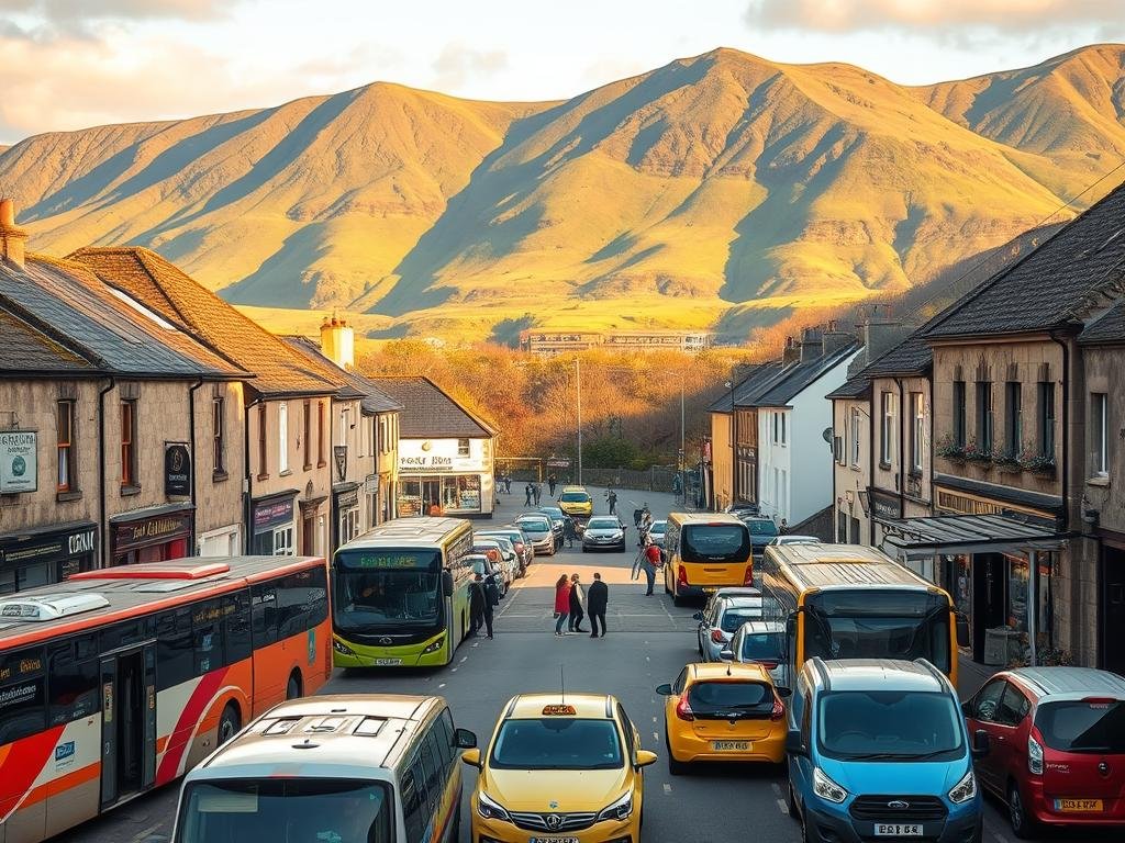 A bustling transportation hub nestled in the picturesque Tralee Dingle, Ireland. In the foreground, local buses and taxis await passengers, their vibrant colors contrasting with the weathered stone buildings. The middle ground showcases a charming town square, where pedestrians mingle amidst quaint shops and cafes, their facades adorned with traditional Irish signage. In the background, the rugged Dingle Peninsula mountains rise majestically, their slopes blanketed in lush, emerald green vegetation. Warm, golden sunlight bathes the scene, casting a cozy, inviting atmosphere and highlighting the unique mix of modern transit and timeless Irish heritage. A bustling transportation hub nestled in the picturesque Tralee Dingle, Ireland. In the foreground, local buses and taxis await passengers, their vibrant colors contrasting with the weathered stone buildings. The middle ground showcases a charming town square, where pedestrians mingle amidst quaint shops and cafes, their facades adorned with traditional Irish signage. In the background, the rugged Dingle Peninsula mountains rise majestically, their slopes blanketed in lush, emerald green vegetation. Warm, golden sunlight bathes the scene, casting a cozy, inviting atmosphere and highlighting the unique mix of modern transit and timeless Irish heritage.