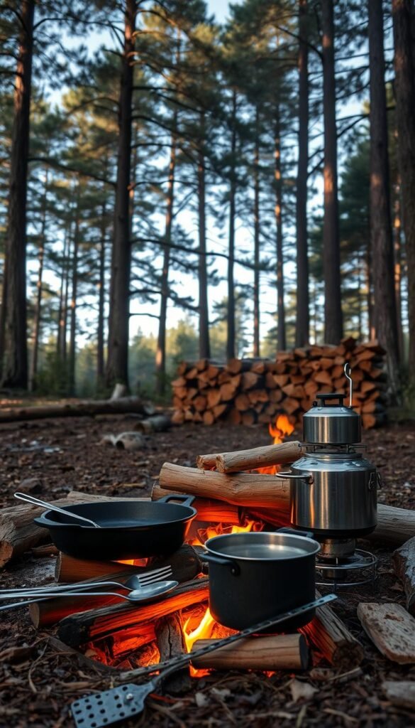A campfire cooking setup nestled in a serene forest clearing. In the foreground, an array of essential gear - a cast-iron skillet, a percolator pot, a set of stainless steel utensils, and a rugged camp stove gleaming in the warm firelight. The middle ground features a neatly stacked supply of dry kindling and firewood, ready to fuel the crackling flames. In the background, towering pine trees sway gently, their branches casting a dappled pattern of light and shadow across the scene. The overall mood is one of rustic self-sufficiency and the simple pleasures of outdoor cooking, with a touch of adventure and tranquility.