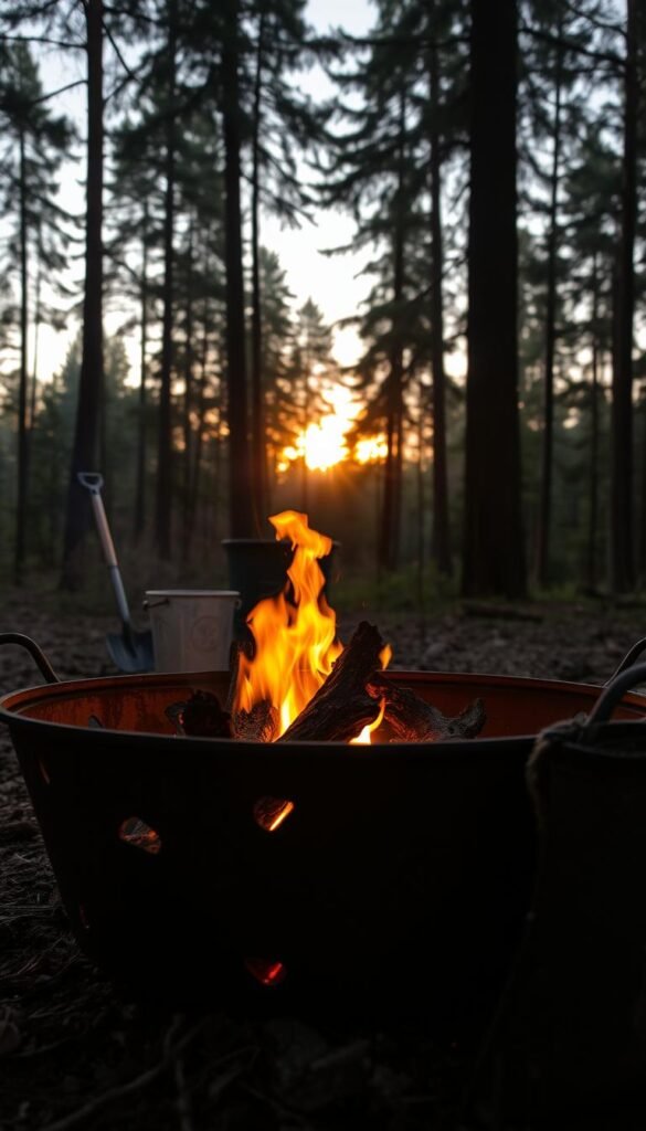 A campfire flickering in the twilight of a serene forest, casting warm, dancing light on a pile of dry kindling and seasoned logs. In the foreground, a weathered iron fire pit, its sides adorned with protective mesh screens. Nearby, a bucket of water and a shovel stand ready for quick fire extinguishing. In the middleground, silhouettes of tall, verdant trees sway gently in a light breeze, their canopies filtering the fading sunlight. The atmosphere is one of tranquility and caution, with an emphasis on responsible wilderness camping practices. A campfire flickering in the twilight of a serene forest, casting warm, dancing light on a pile of dry kindling and seasoned logs. In the foreground, a weathered iron fire pit, its sides adorned with protective mesh screens. Nearby, a bucket of water and a shovel stand ready for quick fire extinguishing. In the middleground, silhouettes of tall, verdant trees sway gently in a light breeze, their canopies filtering the fading sunlight. The atmosphere is one of tranquility and caution, with an emphasis on responsible wilderness camping practices.