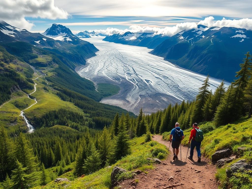 A challenging trek through the rugged Harding Icefield Trail in Kenai Fjords National Park, Alaska. The trail winds its way past cascading waterfalls, towering glaciers, and ancient forests, offering breathtaking vistas at every turn. Hikers ascend through a lush, verdant landscape, eventually reaching a dramatic viewpoint overlooking the vast expanse of the Harding Icefield, a sprawling frozen expanse that stretches as far as the eye can see. Crisp, cool air, warm sunlight filtering through wispy clouds, and the distant rumble of calving ice create an awe-inspiring, adventurous atmosphere for experienced outdoor enthusiasts. A challenging trek through the rugged Harding Icefield Trail in Kenai Fjords National Park, Alaska. The trail winds its way past cascading waterfalls, towering glaciers, and ancient forests, offering breathtaking vistas at every turn. Hikers ascend through a lush, verdant landscape, eventually reaching a dramatic viewpoint overlooking the vast expanse of the Harding Icefield, a sprawling frozen expanse that stretches as far as the eye can see. Crisp, cool air, warm sunlight filtering through wispy clouds, and the distant rumble of calving ice create an awe-inspiring, adventurous atmosphere for experienced outdoor enthusiasts.