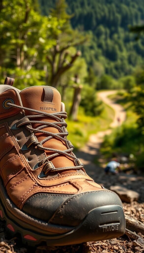 A close-up view of a pair of well-worn, durable hiking shoes in a rugged, outdoor setting. The shoes are made of a sturdy, leather-like material with reinforced toe and heel caps, showcasing their ability to withstand the demands of the trail. Sunlight casts warm, natural lighting across the shoes, highlighting the intricate treads and stitching that provide superior traction and support. In the background, a lush, green forest landscape with a winding path suggests the shoes' capability to tackle various terrain. The overall composition emphasizes the sturdy construction and resilience of the hiking shoes, conveying a sense of reliable performance and adventure. A close-up view of a pair of well-worn, durable hiking shoes in a rugged, outdoor setting. The shoes are made of a sturdy, leather-like material with reinforced toe and heel caps, showcasing their ability to withstand the demands of the trail. Sunlight casts warm, natural lighting across the shoes, highlighting the intricate treads and stitching that provide superior traction and support. In the background, a lush, green forest landscape with a winding path suggests the shoes' capability to tackle various terrain. The overall composition emphasizes the sturdy construction and resilience of the hiking shoes, conveying a sense of reliable performance and adventure.