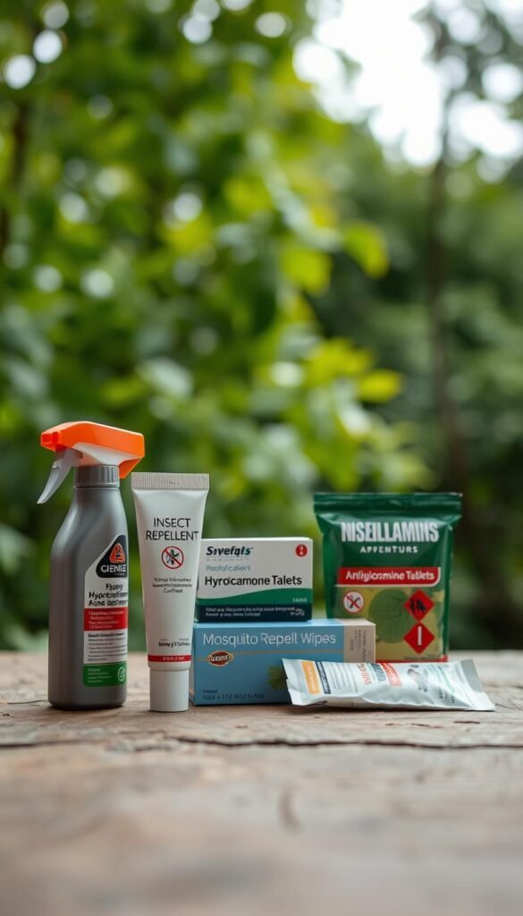 A close-up view of an assortment of insect repellents and allergy medication on a natural wood surface. In the foreground, a bottle of insect repellent spray and a tube of hydrocortisone cream sit neatly arranged. In the middle ground, a box of antihistamine tablets and a pack of mosquito repellent wipes are placed. The background features a blurred, lush green foliage, evoking a serene, outdoor setting. The lighting is soft and diffused, creating a warm, inviting atmosphere. The composition is balanced and symmetrical, highlighting the importance of these essential safety items for mountain camping adventures. A close-up view of an assortment of insect repellents and allergy medication on a natural wood surface. In the foreground, a bottle of insect repellent spray and a tube of hydrocortisone cream sit neatly arranged. In the middle ground, a box of antihistamine tablets and a pack of mosquito repellent wipes are placed. The background features a blurred, lush green foliage, evoking a serene, outdoor setting. The lighting is soft and diffused, creating a warm, inviting atmosphere. The composition is balanced and symmetrical, highlighting the importance of these essential safety items for mountain camping adventures.