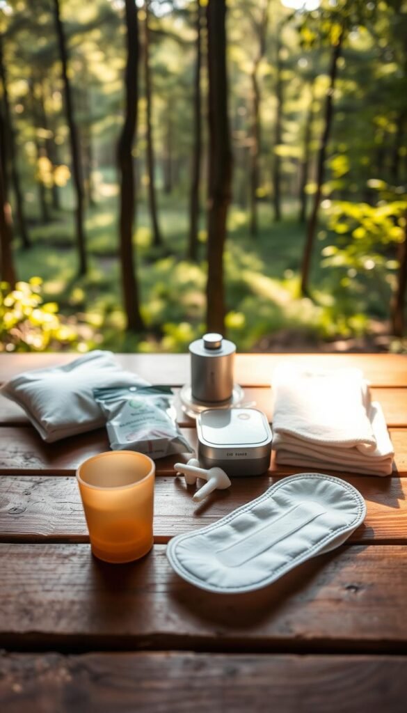 A collection of reusable, eco-friendly menstrual products arranged on a wooden table in a well-lit outdoor setting. In the foreground, a modern menstrual cup, organic cotton pads, and a pack of tampons. In the middle ground, a small portable sterilizer and a washcloth. In the background, a lush forest landscape with sunlight filtering through the trees, creating a serene, natural atmosphere. The lighting is soft and diffused, highlighting the textures and colors of the products. The camera angle is slightly elevated, giving a comprehensive view of the setup, conveying a sense of thoughtfulness and preparation for an outdoor adventure. A collection of reusable, eco-friendly menstrual products arranged on a wooden table in a well-lit outdoor setting. In the foreground, a modern menstrual cup, organic cotton pads, and a pack of tampons. In the middle ground, a small portable sterilizer and a washcloth. In the background, a lush forest landscape with sunlight filtering through the trees, creating a serene, natural atmosphere. The lighting is soft and diffused, highlighting the textures and colors of the products. The camera angle is slightly elevated, giving a comprehensive view of the setup, conveying a sense of thoughtfulness and preparation for an outdoor adventure.