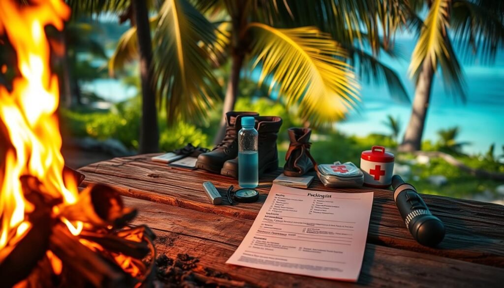 A cozy campfire flickers in the foreground, illuminating a well-organized packing list laid out on a rugged, weathered wooden surface. In the middle ground, hiking essentials like sturdy boots, a compass, a water bottle, and a first-aid kit are neatly arranged, hinting at the adventure to come. The background showcases a lush, verdant Florida Keys landscape, with swaying palm trees and a glimpse of the turquoise waters beyond. Soft, warm lighting casts a gentle glow, creating an inviting and adventurous atmosphere, perfect for an unforgettable Florida Keys hike. A cozy campfire flickers in the foreground, illuminating a well-organized packing list laid out on a rugged, weathered wooden surface. In the middle ground, hiking essentials like sturdy boots, a compass, a water bottle, and a first-aid kit are neatly arranged, hinting at the adventure to come. The background showcases a lush, verdant Florida Keys landscape, with swaying palm trees and a glimpse of the turquoise waters beyond. Soft, warm lighting casts a gentle glow, creating an inviting and adventurous atmosphere, perfect for an unforgettable Florida Keys hike.
