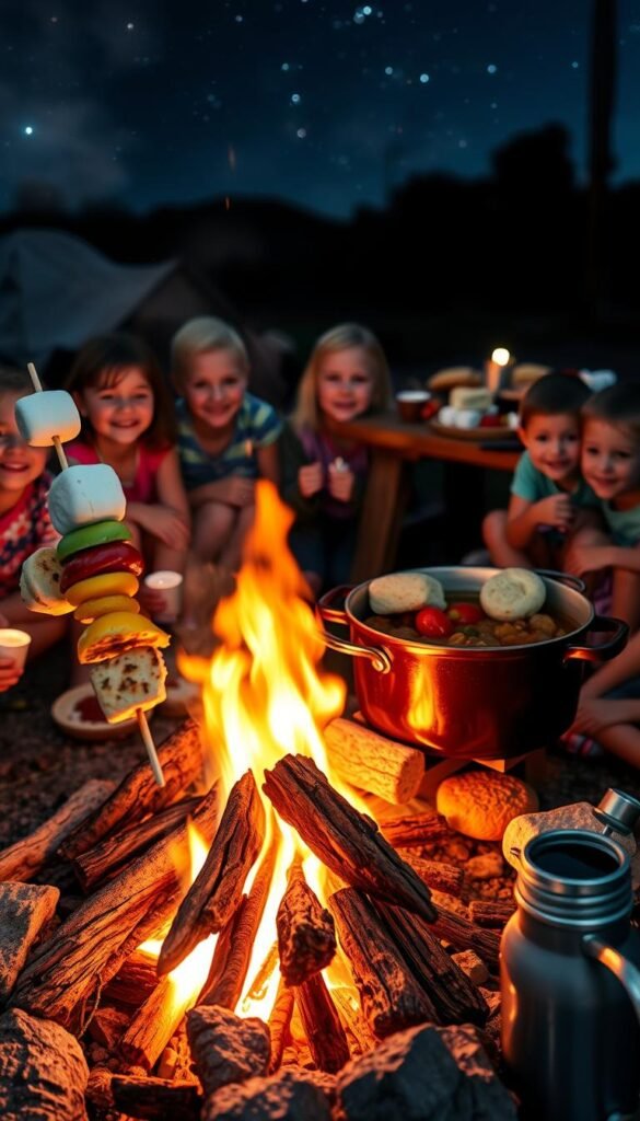 A cozy campfire under a starry night sky, surrounded by a group of happy children enjoying a delightful array of kid-friendly meals. In the foreground, skewers loaded with colorful vegetables, grilled cheese sandwiches, and marshmallows roasting over the flickering flames. The middle ground features a Dutch oven bubbling with a hearty stew, accompanied by freshly baked biscuits. In the background, a rustic picnic table laden with s'mores, fruit kebabs, and thermos of hot chocolate. Soft, warm lighting from the fire casts a inviting glow, capturing the joyful, family-friendly atmosphere of this perfect camping scene.