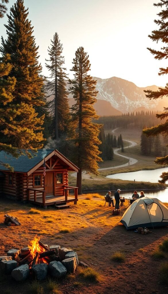 A cozy log cabin nestled in the heart of Yellowstone's wilderness, surrounded by towering pine trees and a crystal-clear lake. In the foreground, a well-equipped campsite with a crackling fire pit, a tent, and a family enjoying a picnic. In the middle ground, a winding hiking trail leading towards majestic mountains, their peaks dusted with a hint of snow. Warm, golden sunlight filters through the trees, casting a gentle glow over the scene. The overall atmosphere is one of tranquility, adventure, and the beauty of the great outdoors. A cozy log cabin nestled in the heart of Yellowstone's wilderness, surrounded by towering pine trees and a crystal-clear lake. In the foreground, a well-equipped campsite with a crackling fire pit, a tent, and a family enjoying a picnic. In the middle ground, a winding hiking trail leading towards majestic mountains, their peaks dusted with a hint of snow. Warm, golden sunlight filters through the trees, casting a gentle glow over the scene. The overall atmosphere is one of tranquility, adventure, and the beauty of the great outdoors.