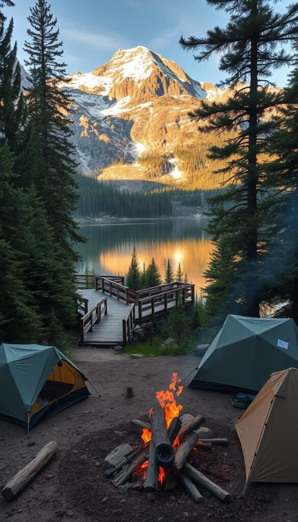 A cozy, off-the-grid campground nestled in the lush evergreen forests of the Colorado Rockies. A serene alpine lake reflects the surrounding majestic peaks, their snow-capped summits glowing in the warm afternoon sunlight. A wooden bridge leads to a hidden trailhead, inviting exploration of the pristine wilderness. In the foreground, a campfire crackles, surrounded by a few simple tents and adventure gear. The atmosphere is one of tranquility and connection with nature, a true hidden gem for the discerning outdoor enthusiast. A cozy, off-the-grid campground nestled in the lush evergreen forests of the Colorado Rockies. A serene alpine lake reflects the surrounding majestic peaks, their snow-capped summits glowing in the warm afternoon sunlight. A wooden bridge leads to a hidden trailhead, inviting exploration of the pristine wilderness. In the foreground, a campfire crackles, surrounded by a few simple tents and adventure gear. The atmosphere is one of tranquility and connection with nature, a true hidden gem for the discerning outdoor enthusiast.