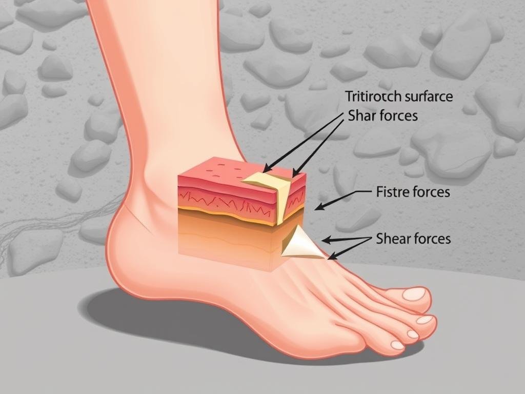 A cross-sectional diagram depicting the underlying mechanisms of blister formation. In the foreground, an illustrated foot shows the skin layers, with the epidermis peeling away from the dermis. The middle ground highlights the shear forces (arrows) and friction (rough surface texture) acting on the skin, causing the separation and blistering. The background features a textured hiking terrain, conveying the context of outdoor activities. The illustration is rendered in a clean, technical style with muted colors to emphasize the educational nature of the subject matter. Crisp lighting and a slight perspective angle enhance the visual clarity. A cross-sectional diagram depicting the underlying mechanisms of blister formation. In the foreground, an illustrated foot shows the skin layers, with the epidermis peeling away from the dermis. The middle ground highlights the shear forces (arrows) and friction (rough surface texture) acting on the skin, causing the separation and blistering. The background features a textured hiking terrain, conveying the context of outdoor activities. The illustration is rendered in a clean, technical style with muted colors to emphasize the educational nature of the subject matter. Crisp lighting and a slight perspective angle enhance the visual clarity.