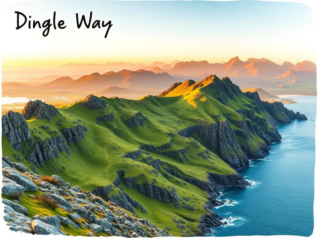 A detailed elevation profile of the Dingle Way hiking trail, showcasing the undulating coastal terrain and dramatic ridgelines along Ireland's scenic Dingle Peninsula. The foreground depicts the trail winding through rugged, rocky landscapes, with lush green hills and valleys in the middle ground. The background features the dramatic silhouettes of distant mountains, bathed in warm, golden-hour lighting. Rendered in a natural, hand-drawn style that evokes the adventurous spirit of this iconic Irish hiking route. Precise technical details capture the trail's elevation changes, distances, and key landmarks to provide a comprehensive overview for hikers. A detailed elevation profile of the Dingle Way hiking trail, showcasing the undulating coastal terrain and dramatic ridgelines along Ireland's scenic Dingle Peninsula. The foreground depicts the trail winding through rugged, rocky landscapes, with lush green hills and valleys in the middle ground. The background features the dramatic silhouettes of distant mountains, bathed in warm, golden-hour lighting. Rendered in a natural, hand-drawn style that evokes the adventurous spirit of this iconic Irish hiking route. Precise technical details capture the trail's elevation changes, distances, and key landmarks to provide a comprehensive overview for hikers.