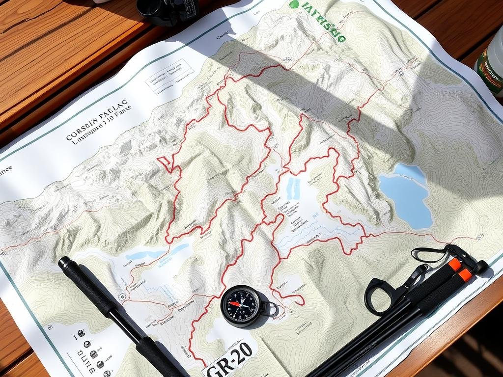 A detailed topographic map of the GR20 hiking route in Corsica, France, unfurled on a wooden table. The map shows the winding path as it traverses rugged, snow-capped mountains, dense forests, and placid alpine lakes. Hiking gear, including a compass, hiking poles, and a water bottle, are arranged neatly around the map, suggesting careful route planning. The scene is illuminated by natural light, casting soft shadows and highlighting the textures of the materials. The overall atmosphere conveys a sense of adventure, exploration, and careful preparation for the challenging GR20 hike. A detailed topographic map of the GR20 hiking route in Corsica, France, unfurled on a wooden table. The map shows the winding path as it traverses rugged, snow-capped mountains, dense forests, and placid alpine lakes. Hiking gear, including a compass, hiking poles, and a water bottle, are arranged neatly around the map, suggesting careful route planning. The scene is illuminated by natural light, casting soft shadows and highlighting the textures of the materials. The overall atmosphere conveys a sense of adventure, exploration, and careful preparation for the challenging GR20 hike.