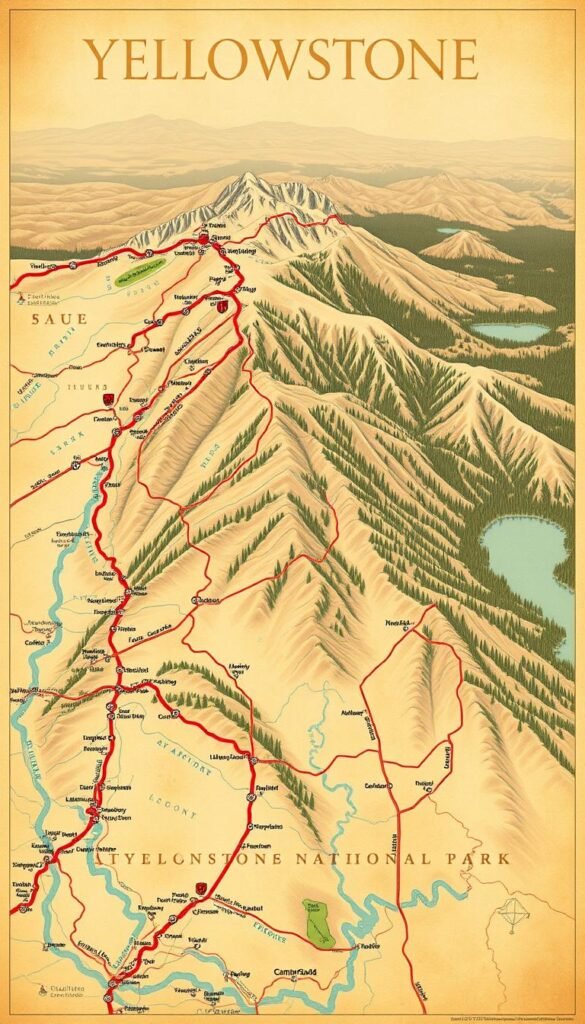 A detailed topographical map of Yellowstone National Park, presented in a classic vintage style. The foreground showcases hiking trails, scenic viewpoints, and campground locations, with icons and annotations guiding the viewer through the park's vast wilderness. The middle ground features stark, rugged mountain ranges, dense forests, and serene lakes, captured in a warm, earthy color palette. The background subtly fades into the horizon, hinting at the park's immense scale and the possibilities for exploration. The overall composition conveys a sense of adventure, planning, and the beauty of Yellowstone's natural wonders, perfect for illustrating the "Planning Your Itinerary and Travel Logistics" section of the article. A detailed topographical map of Yellowstone National Park, presented in a classic vintage style. The foreground showcases hiking trails, scenic viewpoints, and campground locations, with icons and annotations guiding the viewer through the park's vast wilderness. The middle ground features stark, rugged mountain ranges, dense forests, and serene lakes, captured in a warm, earthy color palette. The background subtly fades into the horizon, hinting at the park's immense scale and the possibilities for exploration. The overall composition conveys a sense of adventure, planning, and the beauty of Yellowstone's natural wonders, perfect for illustrating the "Planning Your Itinerary and Travel Logistics" section of the article.