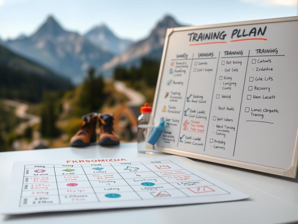 A detailed weekly hiking training plan laid out on a crisp and clean whiteboard. In the foreground, a well-organized schedule with different colored icons and charts representing the various hiking activities - cardio, strength training, hiking sessions, and recovery days. Slightly blurred in the middle ground, a pair of hiking boots and a water bottle, suggesting the practical application of the plan. The background features a serene outdoor landscape with towering mountains, lush forests, and a winding trail, hinting at the ultimate goal of the training - to conquer long-distance hikes. The lighting is soft and natural, creating a sense of focus and clarity. The overall mood is motivational and aspirational, inspiring the viewer to embark on their own hiking journey. A detailed weekly hiking training plan laid out on a crisp and clean whiteboard. In the foreground, a well-organized schedule with different colored icons and charts representing the various hiking activities - cardio, strength training, hiking sessions, and recovery days. Slightly blurred in the middle ground, a pair of hiking boots and a water bottle, suggesting the practical application of the plan. The background features a serene outdoor landscape with towering mountains, lush forests, and a winding trail, hinting at the ultimate goal of the training - to conquer long-distance hikes. The lighting is soft and natural, creating a sense of focus and clarity. The overall mood is motivational and aspirational, inspiring the viewer to embark on their own hiking journey.