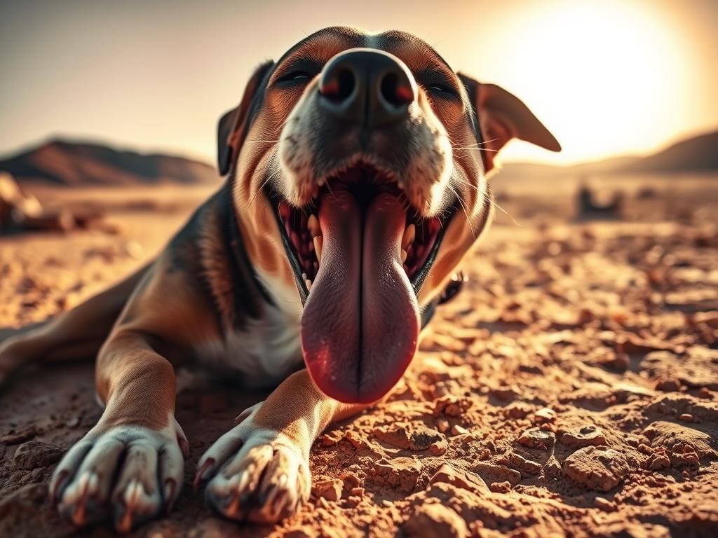 A dog lying on the ground, mouth open, tongue hanging out, eyes half-closed, and labored breathing. The dog's body is flushed and covered in sweat. The background is a hot, arid environment with a scorching sun beating down, creating a sense of intense heat and discomfort. The lighting is harsh, creating deep shadows and highlights that accentuate the dog's distress. The camera angle is low, placing the viewer at the dog's level, eliciting a sense of empathy and concern. The overall mood is one of heightened tension and the need for immediate intervention to address the dog's heatstroke symptoms. A dog lying on the ground, mouth open, tongue hanging out, eyes half-closed, and labored breathing. The dog's body is flushed and covered in sweat. The background is a hot, arid environment with a scorching sun beating down, creating a sense of intense heat and discomfort. The lighting is harsh, creating deep shadows and highlights that accentuate the dog's distress. The camera angle is low, placing the viewer at the dog's level, eliciting a sense of empathy and concern. The overall mood is one of heightened tension and the need for immediate intervention to address the dog's heatstroke symptoms.