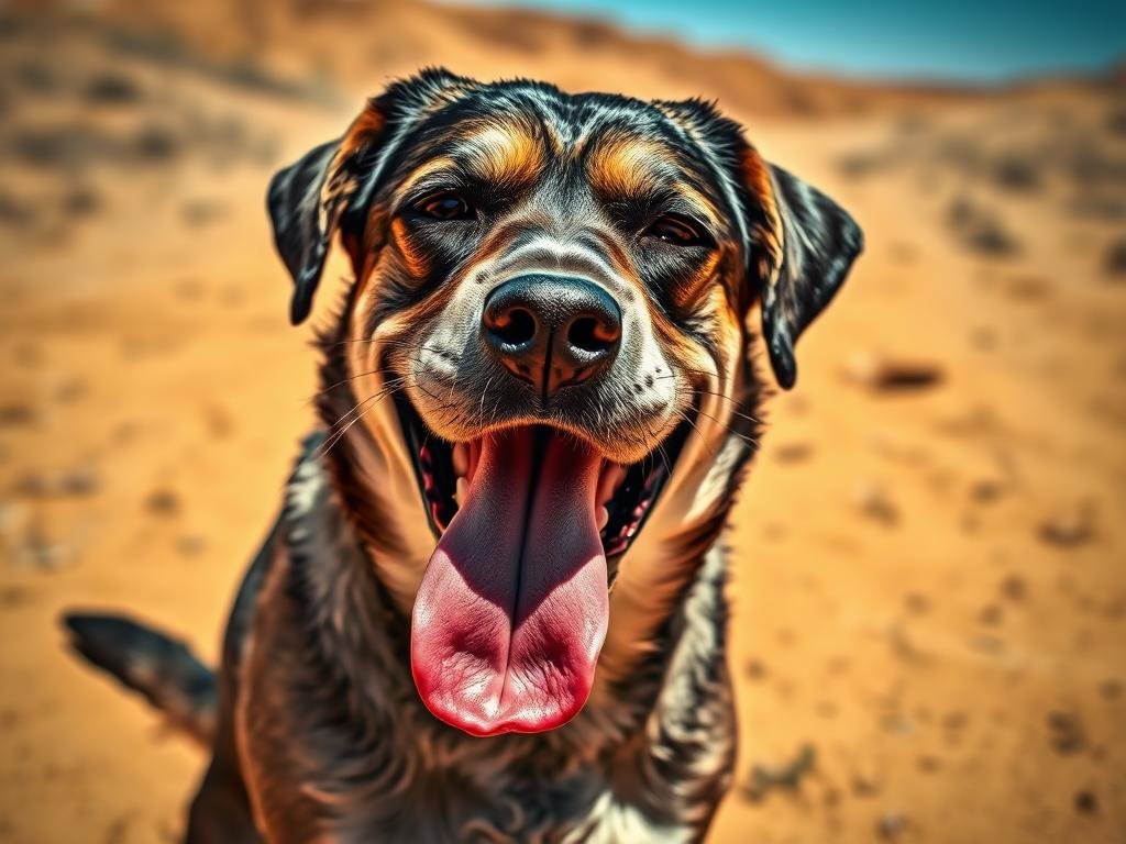 A dog panting heavily, with drooping tongue and glazed eyes, its coat matted and glistening with sweat, as it struggles to cool itself under the relentless summer sun. The animal's pose conveys distress, its body language betraying the debilitating effects of heat exhaustion. The background is a parched, arid landscape, devoid of shade or respite, emphasizing the dog's vulnerable state. The image is captured with a sharp, documentary-style lens, illuminated by harsh, overhead lighting that casts deep shadows, heightening the sense of discomfort and urgency. The overall mood is one of concern and the pressing need to address the dog's overheating symptoms before they become life-threatening. A dog panting heavily, with drooping tongue and glazed eyes, its coat matted and glistening with sweat, as it struggles to cool itself under the relentless summer sun. The animal's pose conveys distress, its body language betraying the debilitating effects of heat exhaustion. The background is a parched, arid landscape, devoid of shade or respite, emphasizing the dog's vulnerable state. The image is captured with a sharp, documentary-style lens, illuminated by harsh, overhead lighting that casts deep shadows, heightening the sense of discomfort and urgency. The overall mood is one of concern and the pressing need to address the dog's overheating symptoms before they become life-threatening.