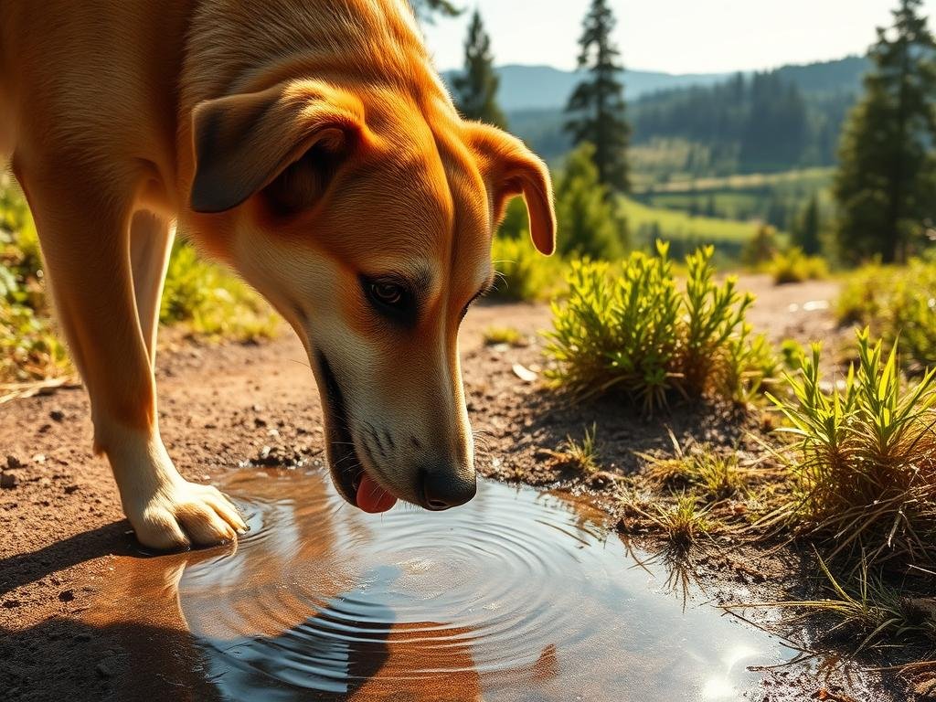 A dog quenching its thirst on a sun-dappled trail, its tongue lapping up the cool, refreshing water from a shallow puddle. The canine's fur glistens in the warm, golden light, its alert eyes scanning the lush, verdant foliage surrounding the winding path. In the distance, a serene landscape of rolling hills and towering pines sets the stage for this tranquil moment of canine hydration. Captured with a wide-angle lens at eye level, this image conveys the importance of providing ample water for your furry hiking companion on a sweltering summer day. A dog quenching its thirst on a sun-dappled trail, its tongue lapping up the cool, refreshing water from a shallow puddle. The canine's fur glistens in the warm, golden light, its alert eyes scanning the lush, verdant foliage surrounding the winding path. In the distance, a serene landscape of rolling hills and towering pines sets the stage for this tranquil moment of canine hydration. Captured with a wide-angle lens at eye level, this image conveys the importance of providing ample water for your furry hiking companion on a sweltering summer day.