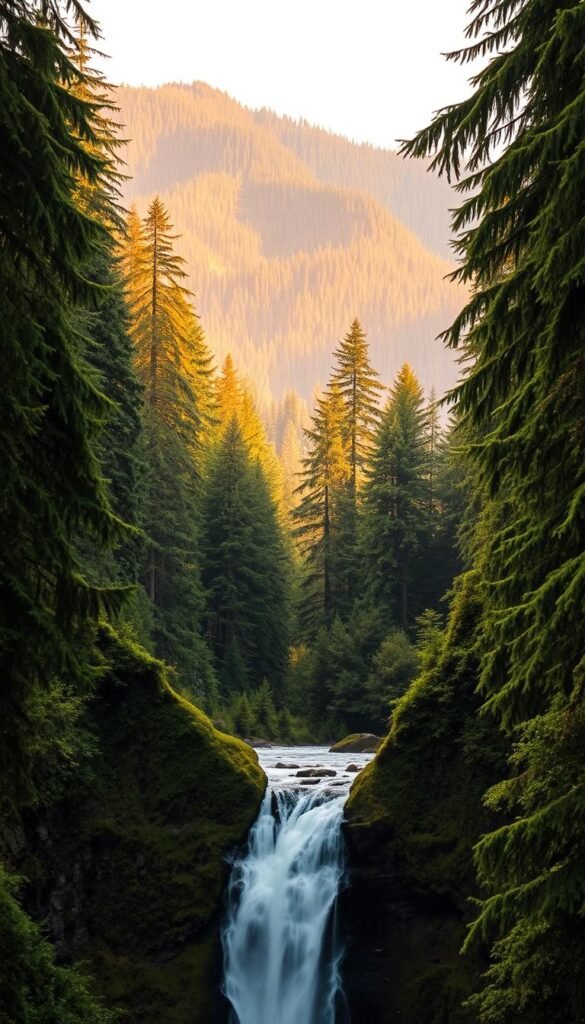 A dramatic, cascading Latourell Falls set within the lush, verdant forests of the Columbia River Gorge in Oregon. In the foreground, the powerful waterfall plunges over towering basalt cliffs, its white waters crashing onto the mossy rocks below. The middle ground features a dense stand of tall, swaying evergreen trees framing the scene. In the distant background, rolling hills and mountainsides covered in dense greenery create a serene, natural backdrop. Warm, diffused lighting filters through the canopy, bathing the falls in a soft, golden glow and casting long shadows across the landscape. The overall mood is one of awe-inspiring natural beauty and tranquility. A dramatic, cascading Latourell Falls set within the lush, verdant forests of the Columbia River Gorge in Oregon. In the foreground, the powerful waterfall plunges over towering basalt cliffs, its white waters crashing onto the mossy rocks below. The middle ground features a dense stand of tall, swaying evergreen trees framing the scene. In the distant background, rolling hills and mountainsides covered in dense greenery create a serene, natural backdrop. Warm, diffused lighting filters through the canopy, bathing the falls in a soft, golden glow and casting long shadows across the landscape. The overall mood is one of awe-inspiring natural beauty and tranquility.