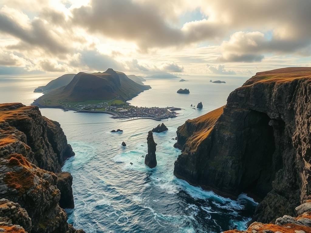 A dramatic coastal landscape in Slea Head, Ireland, captured in a wide-angle lens. In the foreground, rugged, windswept cliffs plunge into the crashing waves of the Atlantic Ocean. The middle ground features a picturesque harbor village nestled between towering mountain ridges, their peaks shrouded in wispy clouds. In the distance, the horizon is dotted with small, rocky islands, their silhouettes reflected in the tranquil waters. Warm, golden sunlight filters through the clouds, casting a soft, ethereal glow over the entire scene. The overall mood is one of serene, weathered beauty, perfectly capturing the essence of the Dingle Way's stunning coastal vistas. A dramatic coastal landscape in Slea Head, Ireland, captured in a wide-angle lens. In the foreground, rugged, windswept cliffs plunge into the crashing waves of the Atlantic Ocean. The middle ground features a picturesque harbor village nestled between towering mountain ridges, their peaks shrouded in wispy clouds. In the distance, the horizon is dotted with small, rocky islands, their silhouettes reflected in the tranquil waters. Warm, golden sunlight filters through the clouds, casting a soft, ethereal glow over the entire scene. The overall mood is one of serene, weathered beauty, perfectly capturing the essence of the Dingle Way's stunning coastal vistas.