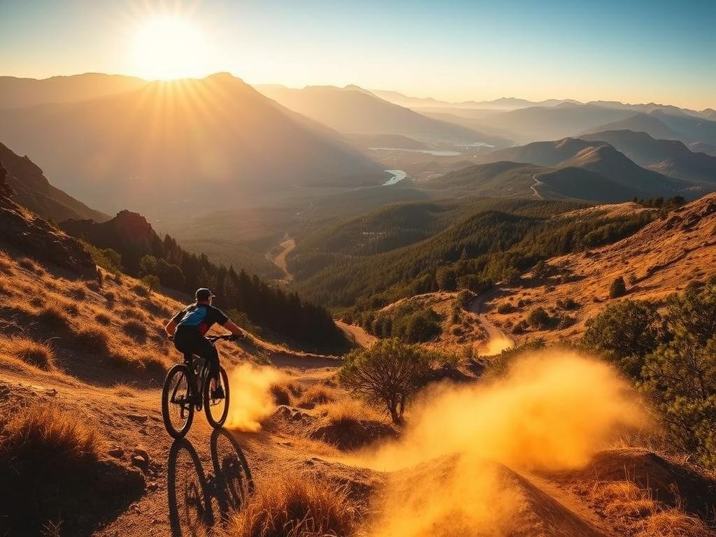 A dramatic downhill mountain biking trail winds through a rugged California landscape, bathed in warm, golden afternoon light. In the foreground, a skilled rider navigates a technical descent, their bike kicking up plumes of dust. The middle ground reveals a sweeping vista of jagged peaks and dense, green forests. In the distance, the trail snakes through a series of challenging switchbacks, offering a glimpse of the thrilling ride ahead. The scene exudes a sense of adventure and adrenaline, perfectly capturing the essence of mountain biking for advanced riders in California. A dramatic downhill mountain biking trail winds through a rugged California landscape, bathed in warm, golden afternoon light. In the foreground, a skilled rider navigates a technical descent, their bike kicking up plumes of dust. The middle ground reveals a sweeping vista of jagged peaks and dense, green forests. In the distance, the trail snakes through a series of challenging switchbacks, offering a glimpse of the thrilling ride ahead. The scene exudes a sense of adventure and adrenaline, perfectly capturing the essence of mountain biking for advanced riders in California.