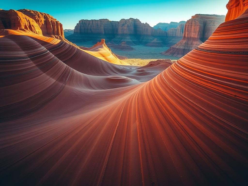 A dramatic landscape of Coyote Buttes North in Arizona, showcasing the iconic Wave rock formation. The foreground features the unique, undulating sandstone patterns sculpted by wind and water, with warm hues ranging from deep ochre to vibrant rust. The middle ground captures the mesmerizing, crisscrossing lines and swirls of the rock, bathed in soft, directional lighting that casts long shadows. In the background, towering cliff walls rise up, creating a sense of scale and grandeur. The overall atmosphere evokes a serene, otherworldly ambiance, inviting the viewer to explore this stunning natural wonder. A dramatic landscape of Coyote Buttes North in Arizona, showcasing the iconic Wave rock formation. The foreground features the unique, undulating sandstone patterns sculpted by wind and water, with warm hues ranging from deep ochre to vibrant rust. The middle ground captures the mesmerizing, crisscrossing lines and swirls of the rock, bathed in soft, directional lighting that casts long shadows. In the background, towering cliff walls rise up, creating a sense of scale and grandeur. The overall atmosphere evokes a serene, otherworldly ambiance, inviting the viewer to explore this stunning natural wonder.