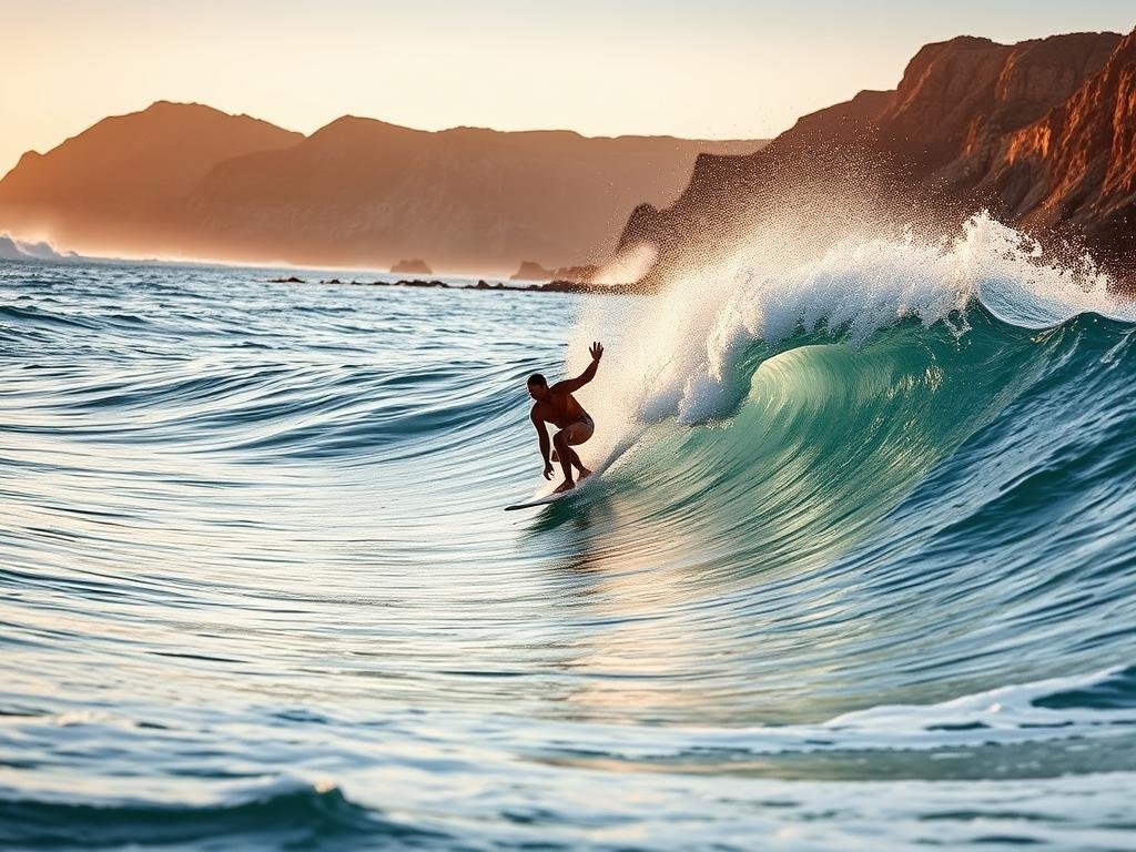 A dynamic coastal scene showcasing the essence of shortboarding. In the foreground, a skilled surfer carves a tight turn on a breaking wave, board spray arcing through the air. The middle ground reveals the surfer's fluid movements as they harness the wave's power, while the background features towering cliffs and a soft, golden hue cast by the setting sun. Dramatic shadows and highlights accentuate the surfer's agile maneuvers, conveying the transition from longboarding's stability to shortboarding's responsiveness. The scene is captured with a wide-angle lens, immersing the viewer in the surfer's experience and the ever-changing, undulating seascape. A dynamic coastal scene showcasing the essence of shortboarding. In the foreground, a skilled surfer carves a tight turn on a breaking wave, board spray arcing through the air. The middle ground reveals the surfer's fluid movements as they harness the wave's power, while the background features towering cliffs and a soft, golden hue cast by the setting sun. Dramatic shadows and highlights accentuate the surfer's agile maneuvers, conveying the transition from longboarding's stability to shortboarding's responsiveness. The scene is captured with a wide-angle lens, immersing the viewer in the surfer's experience and the ever-changing, undulating seascape.