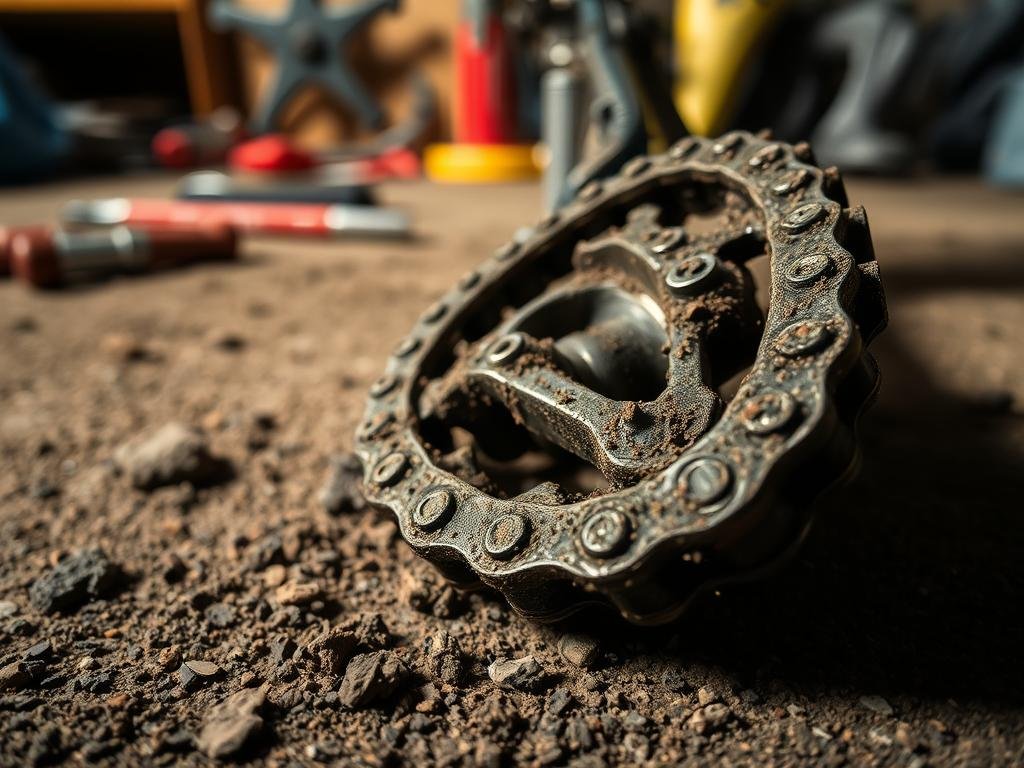 A grimy, well-used mountain bike chain lying on a rough, gritty surface. The chain is covered in a thick layer of dark grease and dirt, with flecks of rust visible. The lighting is harsh, creating deep shadows and highlights that accentuate the textural details. The angle is low, placing the viewer at eye level with the chain, emphasizing the worn and weathered appearance. The background is slightly blurred, but hints at a workshop or garage setting, with tools and bike parts visible in the distance. The overall mood is one of gritty realism, highlighting the importance of proper maintenance for this critical component of a mountain bike. A grimy, well-used mountain bike chain lying on a rough, gritty surface. The chain is covered in a thick layer of dark grease and dirt, with flecks of rust visible. The lighting is harsh, creating deep shadows and highlights that accentuate the textural details. The angle is low, placing the viewer at eye level with the chain, emphasizing the worn and weathered appearance. The background is slightly blurred, but hints at a workshop or garage setting, with tools and bike parts visible in the distance. The overall mood is one of gritty realism, highlighting the importance of proper maintenance for this critical component of a mountain bike.