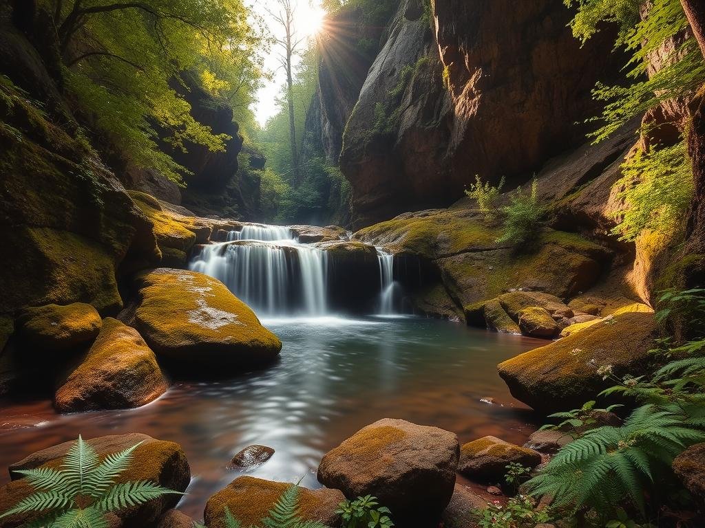 A hidden cove in a Tennessee state park, where a serene waterfall cascades over mossy rocks into a tranquil pool. The sun filters through the lush, verdant foliage, casting a warm, golden glow over the scene. Towering cliffs frame the backdrop, adding a sense of scale and grandeur. The water flows effortlessly, its smooth, silky texture contrasting with the rugged, textured surroundings. Ferns and wildflowers dot the forest floor, creating a picturesque, natural tapestry. A wide-angle lens captures the full breadth of this enchanting, secluded haven, inviting the viewer to step into this serene, secluded oasis. A hidden cove in a Tennessee state park, where a serene waterfall cascades over mossy rocks into a tranquil pool. The sun filters through the lush, verdant foliage, casting a warm, golden glow over the scene. Towering cliffs frame the backdrop, adding a sense of scale and grandeur. The water flows effortlessly, its smooth, silky texture contrasting with the rugged, textured surroundings. Ferns and wildflowers dot the forest floor, creating a picturesque, natural tapestry. A wide-angle lens captures the full breadth of this enchanting, secluded haven, inviting the viewer to step into this serene, secluded oasis.