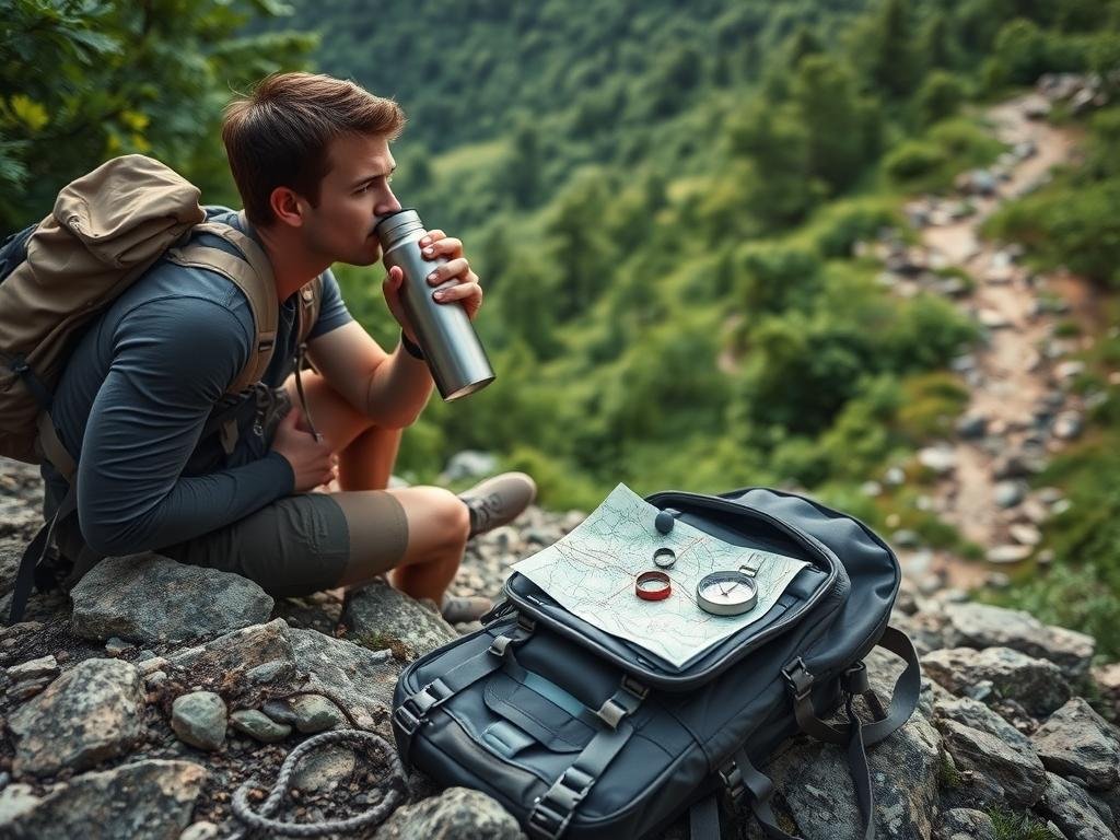 A hiker resting on a rocky trail, holding a metal water bottle and taking a refreshing sip. In the middle ground, a map and compass are laid out on a small backpack, indicating the importance of navigation and preparation. The background features lush, verdant foliage and a winding path leading deeper into the serene wilderness. Soft, natural lighting illuminates the scene, evoking a sense of tranquility and rejuvenation. The composition emphasizes the importance of proper hydration and planning for a successful and enjoyable hike. A hiker resting on a rocky trail, holding a metal water bottle and taking a refreshing sip. In the middle ground, a map and compass are laid out on a small backpack, indicating the importance of navigation and preparation. The background features lush, verdant foliage and a winding path leading deeper into the serene wilderness. Soft, natural lighting illuminates the scene, evoking a sense of tranquility and rejuvenation. The composition emphasizes the importance of proper hydration and planning for a successful and enjoyable hike.