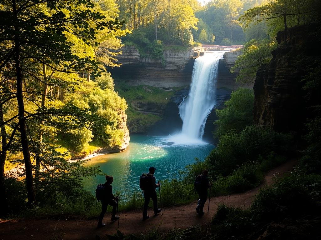 A lush, cascading waterfall plunges into a crystal-clear pool amidst a verdant forest near Chattanooga. Sunlight dances through the trees, casting a warm, golden glow on the rugged cliffs surrounding the serene oasis. In the foreground, adventurous hikers navigate a winding trail, their silhouettes framed by the breathtaking natural beauty. The scene evokes a sense of exploration and tranquility, inviting the viewer to discover the hidden wonders of Tennessee's untamed wilderness. A lush, cascading waterfall plunges into a crystal-clear pool amidst a verdant forest near Chattanooga. Sunlight dances through the trees, casting a warm, golden glow on the rugged cliffs surrounding the serene oasis. In the foreground, adventurous hikers navigate a winding trail, their silhouettes framed by the breathtaking natural beauty. The scene evokes a sense of exploration and tranquility, inviting the viewer to discover the hidden wonders of Tennessee's untamed wilderness.