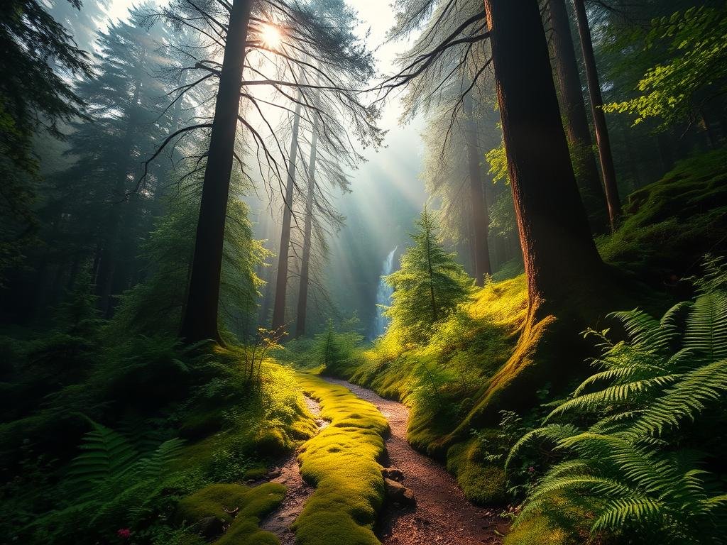 A lush, verdant forest shrouded in mist, with a hidden trail winding through the undergrowth. Sunlight filters through the canopy, casting a warm, golden glow on the mossy ground. In the distance, a glimpse of a cascading waterfall, its gentle roar echoing through the trees. Towering evergreens line the path, their branches reaching skyward, creating a sense of mystery and discovery. The trail is flanked by vibrant ferns and wildflowers, casting a serene, enchanted atmosphere. A wide-angle lens captures the depth and scale of this hidden hiking gem, inviting the viewer to explore its untamed beauty. A lush, verdant forest shrouded in mist, with a hidden trail winding through the undergrowth. Sunlight filters through the canopy, casting a warm, golden glow on the mossy ground. In the distance, a glimpse of a cascading waterfall, its gentle roar echoing through the trees. Towering evergreens line the path, their branches reaching skyward, creating a sense of mystery and discovery. The trail is flanked by vibrant ferns and wildflowers, casting a serene, enchanted atmosphere. A wide-angle lens captures the depth and scale of this hidden hiking gem, inviting the viewer to explore its untamed beauty.
