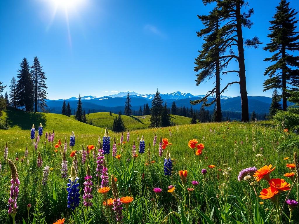 A lush, verdant meadow in the Pacific Northwest, bathed in the warm glow of a spring sun. In the foreground, a vibrant tapestry of wildflowers - delicate lupine, brilliant Indian paintbrush, and fragrant wild roses - sway gently in a soft breeze. The middle ground reveals rolling hills dotted with towering evergreen trees, their branches reaching towards a cloudless azure sky. In the distance, the majestic silhouettes of snow-capped mountains rise, creating a breathtaking backdrop for this enchanting scene. The overall atmosphere is one of tranquility and natural wonder, inviting the viewer to immerse themselves in the beauty of the PNW's spring wildflower season.