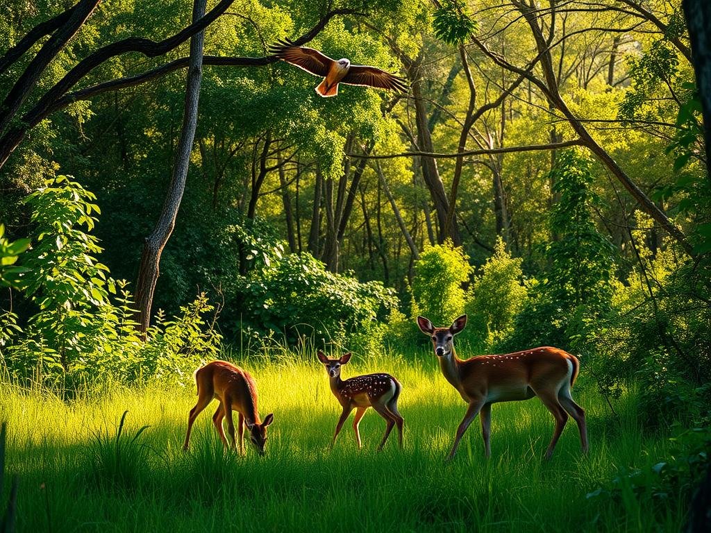 A lush, verdant scene along the Florida Trail, capturing the vibrant wildlife and natural beauty of this iconic hiking route. In the foreground, a family of white-tailed deer graze peacefully, their delicate movements conveying a sense of tranquility. In the middle ground, a red-shouldered hawk soars overhead, its sharp eyes scanning the undergrowth for prey. The background is filled with a dense, sun-dappled forest, where the calls of songbirds and the rustling of leaves create a soothing symphony. The lighting is soft and warm, casting a golden glow over the entire scene, evoking a sense of timelessness and natural wonder. Captured with a wide-angle lens, this image invites the viewer to immerse themselves in the captivating landscapes of the Florida Trail. A lush, verdant scene along the Florida Trail, capturing the vibrant wildlife and natural beauty of this iconic hiking route. In the foreground, a family of white-tailed deer graze peacefully, their delicate movements conveying a sense of tranquility. In the middle ground, a red-shouldered hawk soars overhead, its sharp eyes scanning the undergrowth for prey. The background is filled with a dense, sun-dappled forest, where the calls of songbirds and the rustling of leaves create a soothing symphony. The lighting is soft and warm, casting a golden glow over the entire scene, evoking a sense of timelessness and natural wonder. Captured with a wide-angle lens, this image invites the viewer to immerse themselves in the captivating landscapes of the Florida Trail.