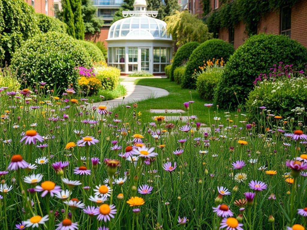 A lush, verdant wildflower meadow nestled within a vibrant urban garden. The foreground bursts with a captivating array of blooms - delicate petals in shades of violet, indigo, and gold sway gently in the warm breeze. In the middle ground, neatly manicured hedges and stone pathways wind through the scene, leading the eye towards a small greenhouse structure in the background, its glass panels reflecting the dappled sunlight. The overall atmosphere is one of tranquility and balance, where nature and city coexist in harmonious splendor.