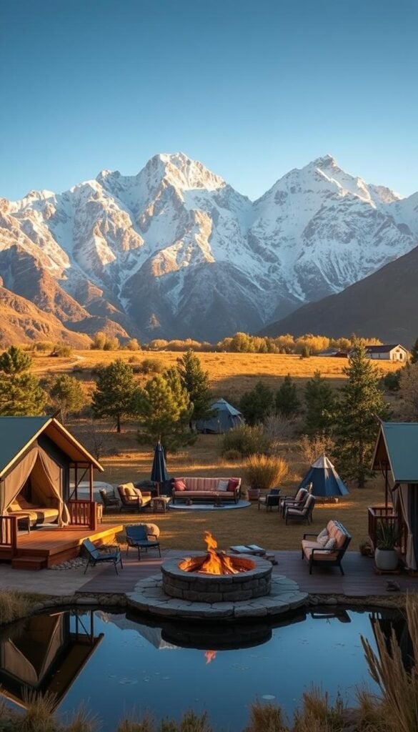 A luxurious glamping site nestled against the breathtaking backdrop of the Rocky Mountains near Denver. In the foreground, plush safari-style tents with elegant furnishings and private decks overlook a tranquil pond. The middle ground features a central gathering area with a crackling firepit and cozy lounge seating. In the distance, towering snow-capped peaks pierce the azure sky, bathed in warm, golden sunlight that casts a serene glow over the entire scene. The overall atmosphere evokes a sense of refined outdoor adventure and connection with nature, perfect for a luxury camping experience. A luxurious glamping site nestled against the breathtaking backdrop of the Rocky Mountains near Denver. In the foreground, plush safari-style tents with elegant furnishings and private decks overlook a tranquil pond. The middle ground features a central gathering area with a crackling firepit and cozy lounge seating. In the distance, towering snow-capped peaks pierce the azure sky, bathed in warm, golden sunlight that casts a serene glow over the entire scene. The overall atmosphere evokes a sense of refined outdoor adventure and connection with nature, perfect for a luxury camping experience.