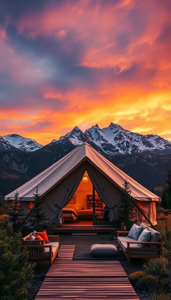A luxurious glamping tent nestled in the majestic Rocky Mountains, bathed in warm golden light from the setting sun. The tent's canvas facade is accentuated by elegant wooden accents, blending seamlessly with the rugged natural landscape. In the foreground, a cozy seating area invites guests to relax and take in the breathtaking mountain vistas. The middle ground features a wooden deck leading to the tent's entrance, complemented by surrounding pine trees. The background showcases the iconic silhouette of snow-capped peaks against a vibrant, dusky sky. This scene exudes a sense of tranquility, exclusivity, and a connection to the great outdoors. A luxurious glamping tent nestled in the majestic Rocky Mountains, bathed in warm golden light from the setting sun. The tent's canvas facade is accentuated by elegant wooden accents, blending seamlessly with the rugged natural landscape. In the foreground, a cozy seating area invites guests to relax and take in the breathtaking mountain vistas. The middle ground features a wooden deck leading to the tent's entrance, complemented by surrounding pine trees. The background showcases the iconic silhouette of snow-capped peaks against a vibrant, dusky sky. This scene exudes a sense of tranquility, exclusivity, and a connection to the great outdoors.