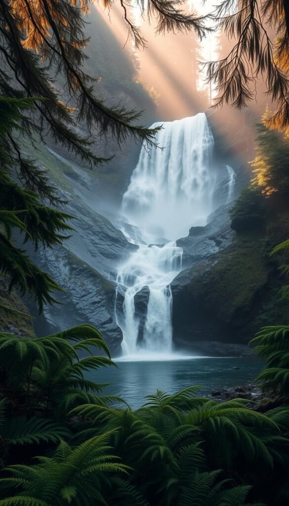 A majestic cascade of crystalline waters tumbling over the rugged, moss-covered cliffs of the Pacific Northwest. In the foreground, verdant ferns and towering evergreens frame the powerful falls, their lush greenery contrasting with the white, frothy torrents. Rays of warm, golden sunlight filter through the canopy, casting a soft, ethereal glow on the scene. In the middle ground, a shallow pool reflects the falls, creating a serene, mirror-like surface. The background fades into a misty, atmospheric haze, hinting at the untamed, primeval nature of this untouched wilderness. An awe-inspiring display of the raw, natural beauty that defines the Pacific Northwest's waterfall wonders. A majestic cascade of crystalline waters tumbling over the rugged, moss-covered cliffs of the Pacific Northwest. In the foreground, verdant ferns and towering evergreens frame the powerful falls, their lush greenery contrasting with the white, frothy torrents. Rays of warm, golden sunlight filter through the canopy, casting a soft, ethereal glow on the scene. In the middle ground, a shallow pool reflects the falls, creating a serene, mirror-like surface. The background fades into a misty, atmospheric haze, hinting at the untamed, primeval nature of this untouched wilderness. An awe-inspiring display of the raw, natural beauty that defines the Pacific Northwest's waterfall wonders.