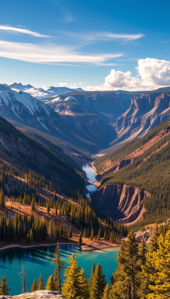 A majestic landscape of Yellowstone National Park, showcasing its diverse geography. In the foreground, a crystal-clear lake reflects the surrounding snow-capped peaks, their towering silhouettes casting long shadows across the water. The middle ground features rolling hills dotted with vibrant evergreen forests, while in the background, a dramatic canyon cuts through the earth, its layers of sedimentary rock revealing the park's ancient geological history. Warm, golden sunlight filters through wispy clouds, casting a serene and awe-inspiring atmosphere over the entire scene. Captured with a wide-angle lens to convey the grand scale and grandeur of this iconic American landscape. A majestic landscape of Yellowstone National Park, showcasing its diverse geography. In the foreground, a crystal-clear lake reflects the surrounding snow-capped peaks, their towering silhouettes casting long shadows across the water. The middle ground features rolling hills dotted with vibrant evergreen forests, while in the background, a dramatic canyon cuts through the earth, its layers of sedimentary rock revealing the park's ancient geological history. Warm, golden sunlight filters through wispy clouds, casting a serene and awe-inspiring atmosphere over the entire scene. Captured with a wide-angle lens to convey the grand scale and grandeur of this iconic American landscape.