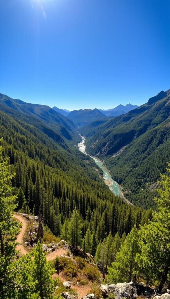 A majestic mountain landscape in Vermont, with lush green forests and winding hiking trails in the foreground. Sunlight filters through the canopy, casting a warm glow on the rugged terrain. In the middle ground, a crystal-clear river cuts through the valley, its waters reflecting the vibrant foliage. In the distance, a series of peaks rise up, their jagged silhouettes against a cloudless azure sky. The scene exudes a sense of adventure and tranquility, inviting the viewer to explore the must-hike trails that wind through this breathtaking natural wonder. A majestic mountain landscape in Vermont, with lush green forests and winding hiking trails in the foreground. Sunlight filters through the canopy, casting a warm glow on the rugged terrain. In the middle ground, a crystal-clear river cuts through the valley, its waters reflecting the vibrant foliage. In the distance, a series of peaks rise up, their jagged silhouettes against a cloudless azure sky. The scene exudes a sense of adventure and tranquility, inviting the viewer to explore the must-hike trails that wind through this breathtaking natural wonder.