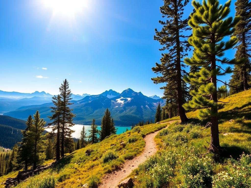 A majestic mountain vista greets the viewer, with rugged peaks piercing the azure sky. In the foreground, a winding trail leads through a lush, verdant landscape dotted with wildflowers. Towering pines cast dappled shadows over the path, creating a serene and tranquil atmosphere. The middle ground features a sparkling alpine lake, its crystal-clear waters reflecting the surrounding peaks. The background is dominated by a dramatic, snow-capped mountain range, its jagged edges carved by glaciers over millennia. Warm, golden sunlight bathes the scene, casting a warm, inviting glow. This breathtaking landscape captures the essence of the top scenic hikes near Denver, showcasing the natural beauty that awaits adventurous hikers. A majestic mountain vista greets the viewer, with rugged peaks piercing the azure sky. In the foreground, a winding trail leads through a lush, verdant landscape dotted with wildflowers. Towering pines cast dappled shadows over the path, creating a serene and tranquil atmosphere. The middle ground features a sparkling alpine lake, its crystal-clear waters reflecting the surrounding peaks. The background is dominated by a dramatic, snow-capped mountain range, its jagged edges carved by glaciers over millennia. Warm, golden sunlight bathes the scene, casting a warm, inviting glow. This breathtaking landscape captures the essence of the top scenic hikes near Denver, showcasing the natural beauty that awaits adventurous hikers.