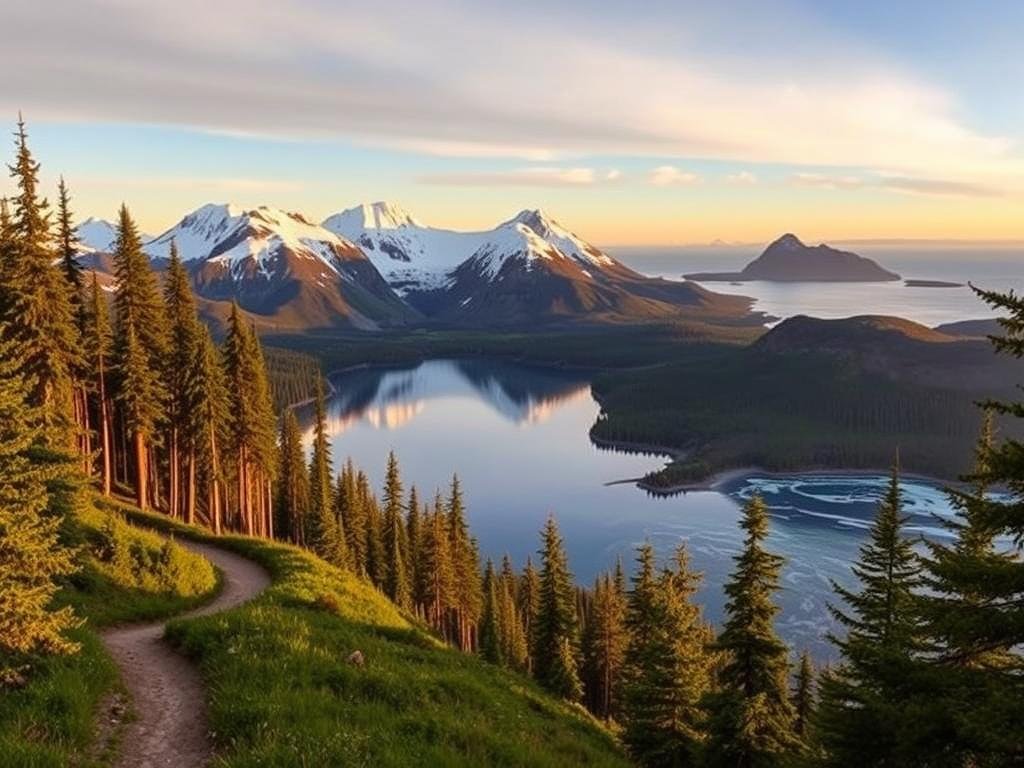 A majestic panorama of Alaska's diverse hiking landscapes, bathed in the soft golden glow of the evening sun. In the foreground, a winding trail cuts through a lush, verdant forest, framed by towering spruce and hemlock trees. In the middle ground, a pristine alpine lake reflects the snow-capped peaks of the surrounding mountains, their jagged silhouettes casting long shadows across the crystalline waters. In the distance, a bold, rugged coastline juts out into the turbulent waters of the Bering Sea, where crashing waves and the cries of seabirds create a symphony of wilderness. The scene exudes a sense of tranquility and boundless adventure, inviting the viewer to explore the unparalleled natural beauty of Alaska's hiking trails. A majestic panorama of Alaska's diverse hiking landscapes, bathed in the soft golden glow of the evening sun. In the foreground, a winding trail cuts through a lush, verdant forest, framed by towering spruce and hemlock trees. In the middle ground, a pristine alpine lake reflects the snow-capped peaks of the surrounding mountains, their jagged silhouettes casting long shadows across the crystalline waters. In the distance, a bold, rugged coastline juts out into the turbulent waters of the Bering Sea, where crashing waves and the cries of seabirds create a symphony of wilderness. The scene exudes a sense of tranquility and boundless adventure, inviting the viewer to explore the unparalleled natural beauty of Alaska's hiking trails.