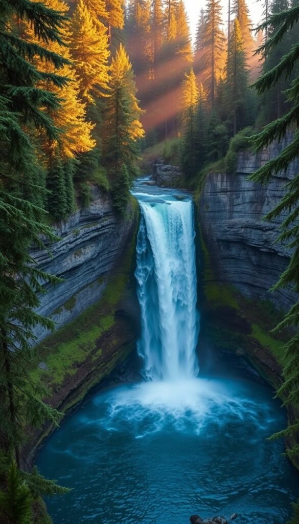 A majestic waterfall cascades over granite cliffs, its powerful flow crashing into a tranquil pool below. Lush, verdant foliage frames the scene, with towering evergreen trees lining the surrounding forest. Diffused, golden-hued natural light filters through the canopy, casting a warm, serene glow over the cascading waters. The camera captures this picturesque landscape from an elevated angle, providing a sweeping, panoramic view of the stunning Wallace Falls set against the backdrop of the rugged Pacific Northwest terrain. A majestic waterfall cascades over granite cliffs, its powerful flow crashing into a tranquil pool below. Lush, verdant foliage frames the scene, with towering evergreen trees lining the surrounding forest. Diffused, golden-hued natural light filters through the canopy, casting a warm, serene glow over the cascading waters. The camera captures this picturesque landscape from an elevated angle, providing a sweeping, panoramic view of the stunning Wallace Falls set against the backdrop of the rugged Pacific Northwest terrain.