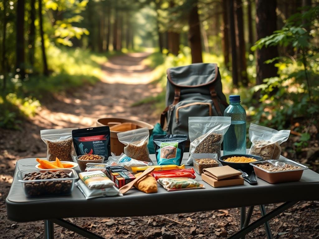 A neatly arranged outdoors picnic scene for trail meal planning. In the foreground, an assortment of backpacking-friendly foods like trail mix, energy bars, and dehydrated meals are displayed on a folding camp table. Middle ground features a worn hiking backpack, water bottle, and camping utensils. The background depicts a lush forest trail with dappled sunlight filtering through the canopy, creating a warm, natural atmosphere. The composition is shot from a slightly elevated angle, conveying a sense of peaceful contemplation. Soft, diffused lighting enhances the earthy tones and textures, inviting the viewer to imagine planning their next nourishing, portable hiking meal. A neatly arranged outdoors picnic scene for trail meal planning. In the foreground, an assortment of backpacking-friendly foods like trail mix, energy bars, and dehydrated meals are displayed on a folding camp table. Middle ground features a worn hiking backpack, water bottle, and camping utensils. The background depicts a lush forest trail with dappled sunlight filtering through the canopy, creating a warm, natural atmosphere. The composition is shot from a slightly elevated angle, conveying a sense of peaceful contemplation. Soft, diffused lighting enhances the earthy tones and textures, inviting the viewer to imagine planning their next nourishing, portable hiking meal.